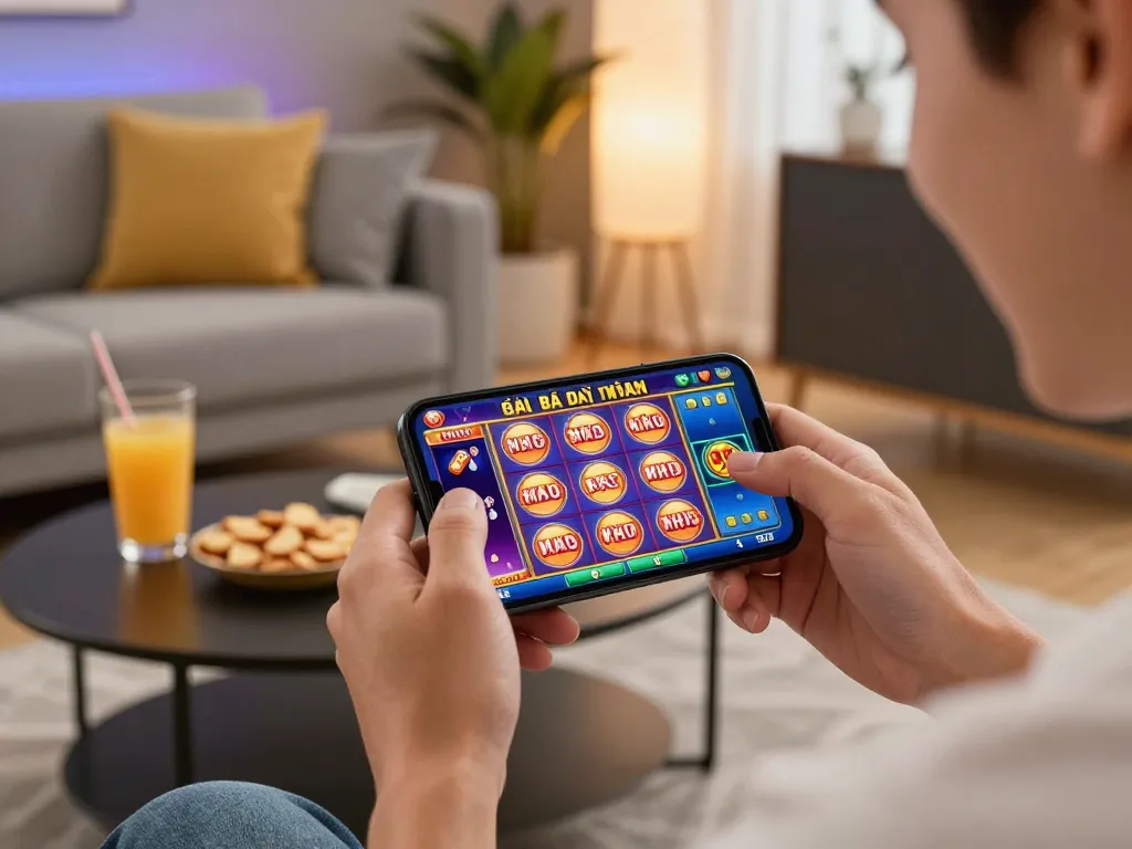 Player enjoying game bài đổi thưởng on smartphone in stylish home environment, highlighting online gaming experience.