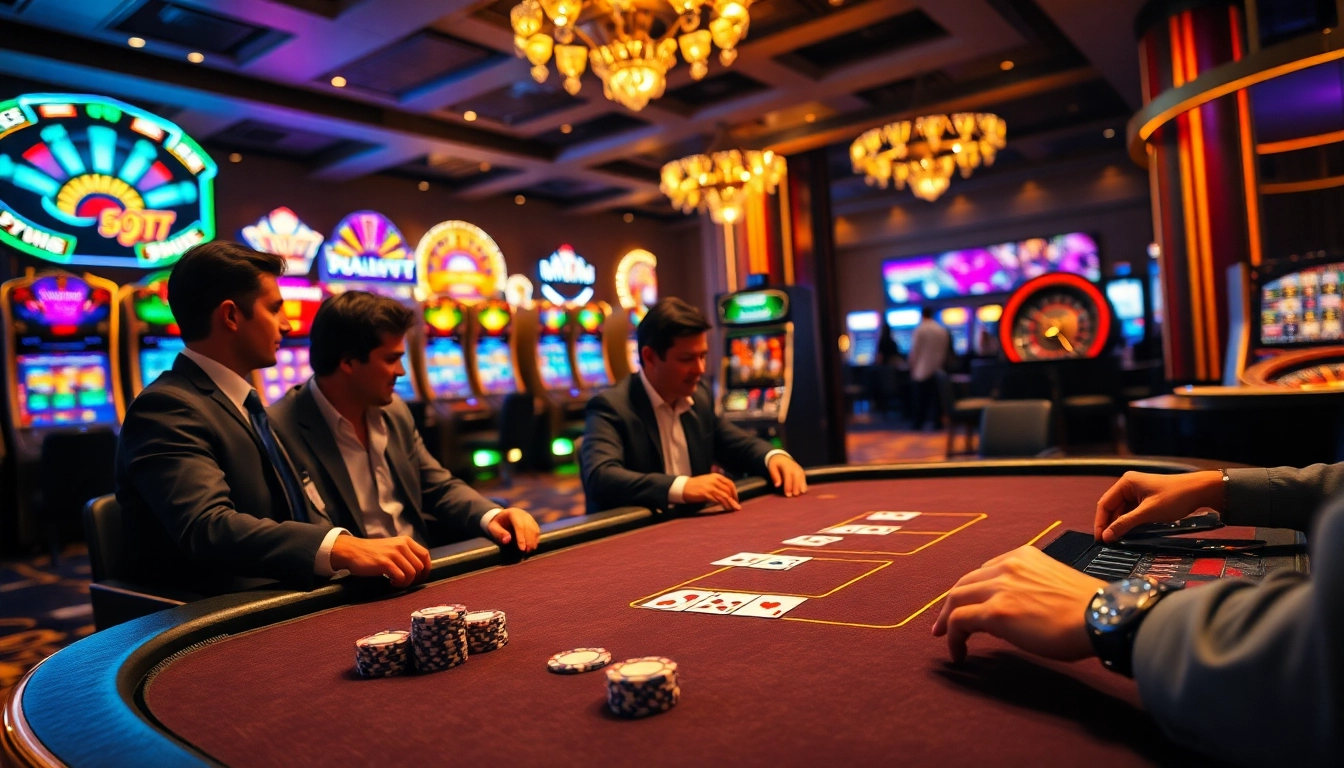 Experience high-stakes gaming at 68VIP's luxurious casino environment with vibrant slot machines.