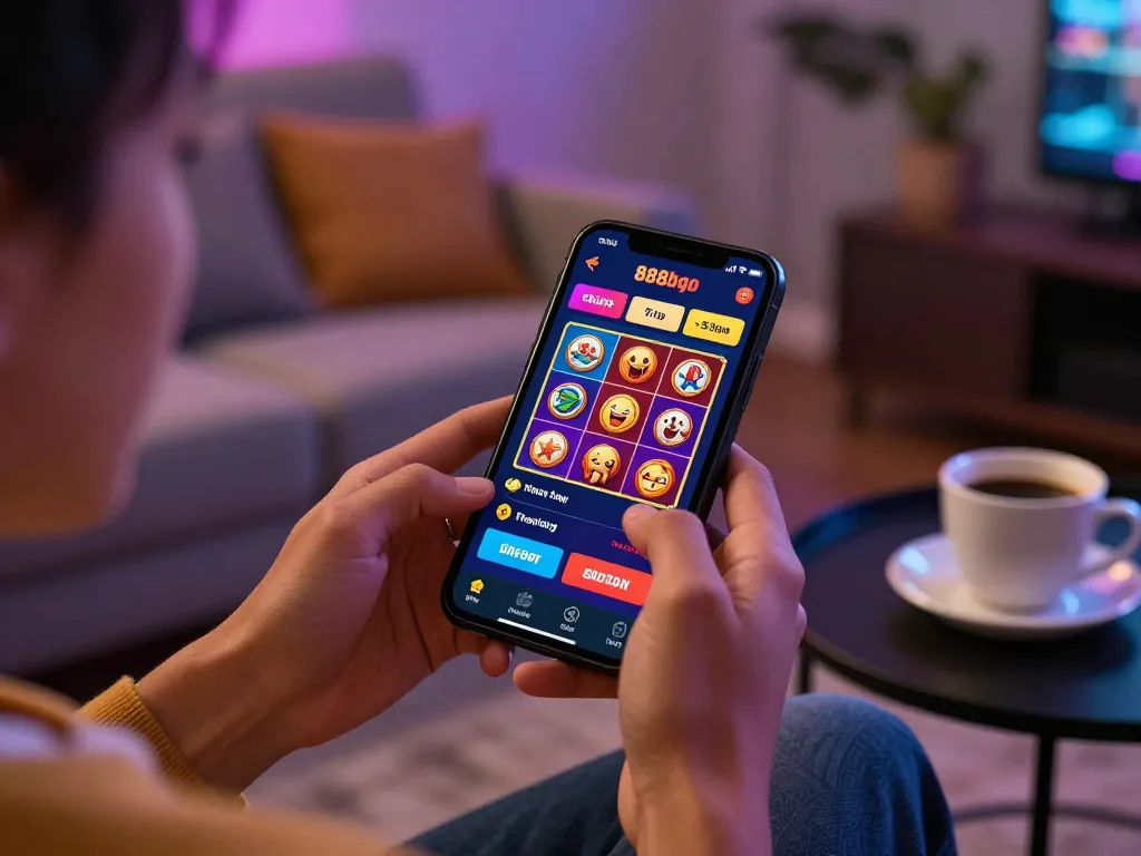Player engaging with the 888bgo casino app on a smartphone, immersed in mobile gaming experience.