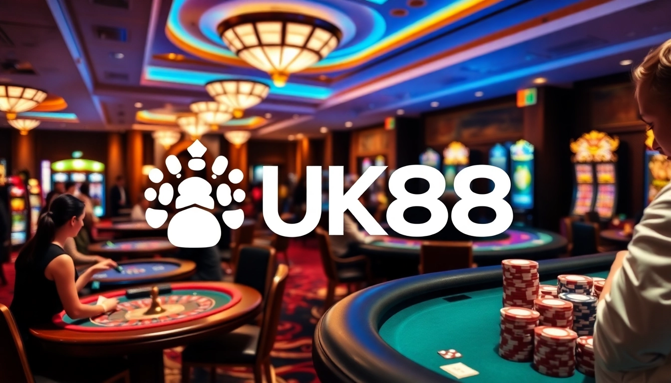 Engaging gamblers at a UK88 casino table with vibrant games and luxury surroundings.