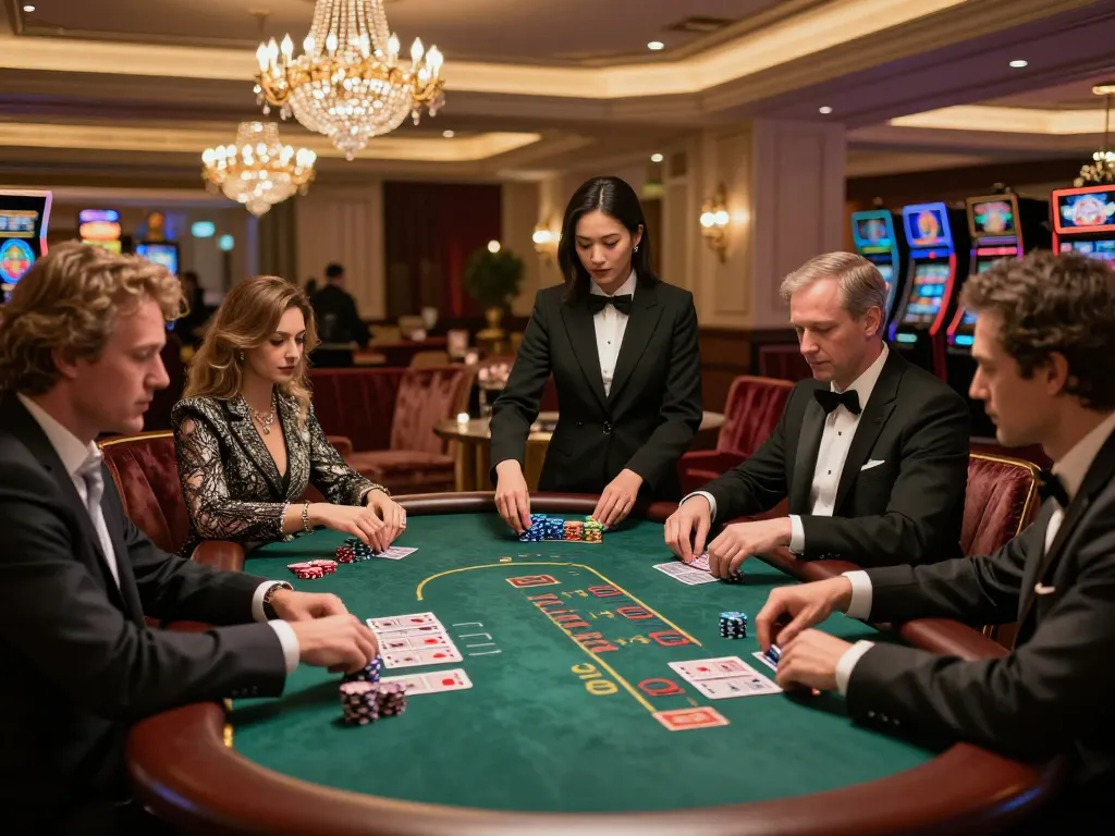 river4 players engaging at a blackjack table in a luxurious casino setting