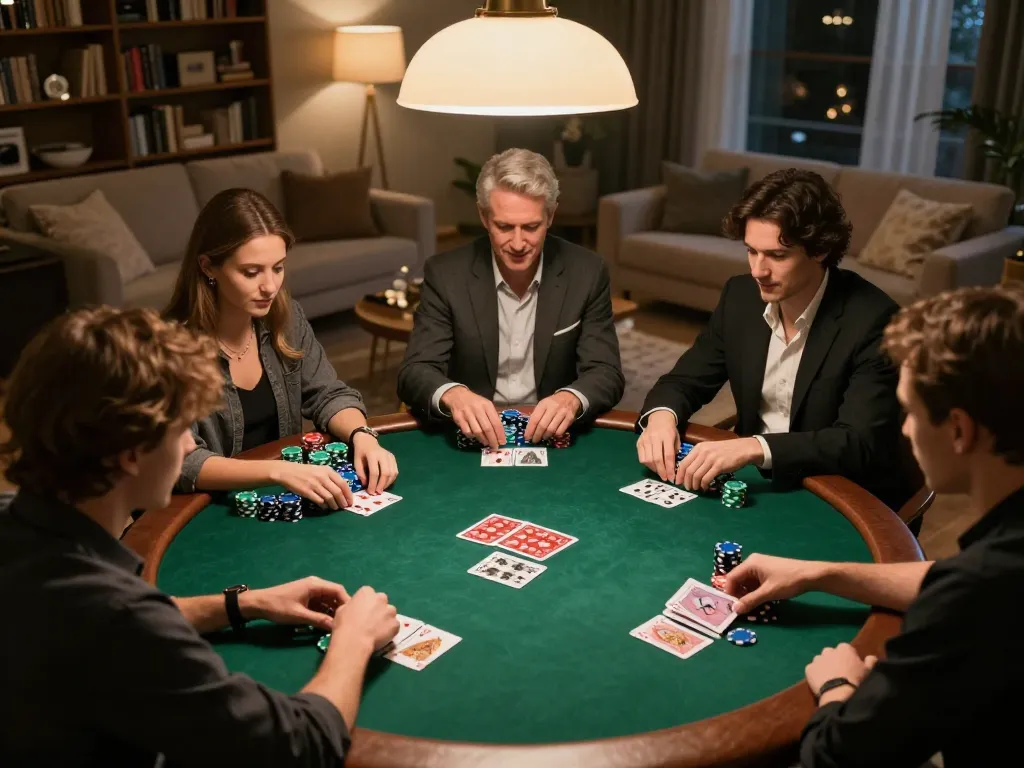 Players enjoy an engaging poker game night at home, showcasing the excitement of lu88.