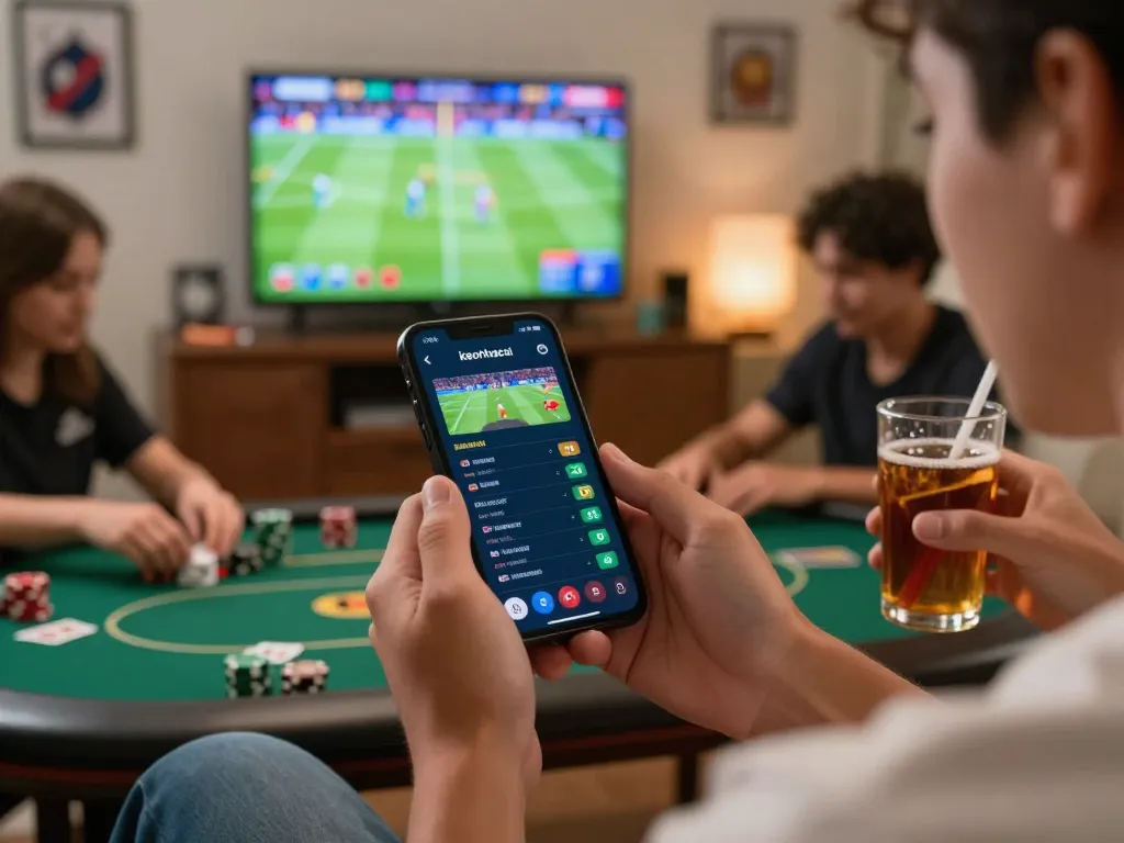 Engaging in live betting on keonhacai through smartphone while enjoying a sports game at home.