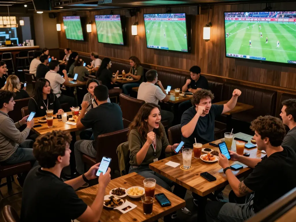 Cakhiatv app displayed on smartphone as fans enjoy live football matches at a lively sports bar.