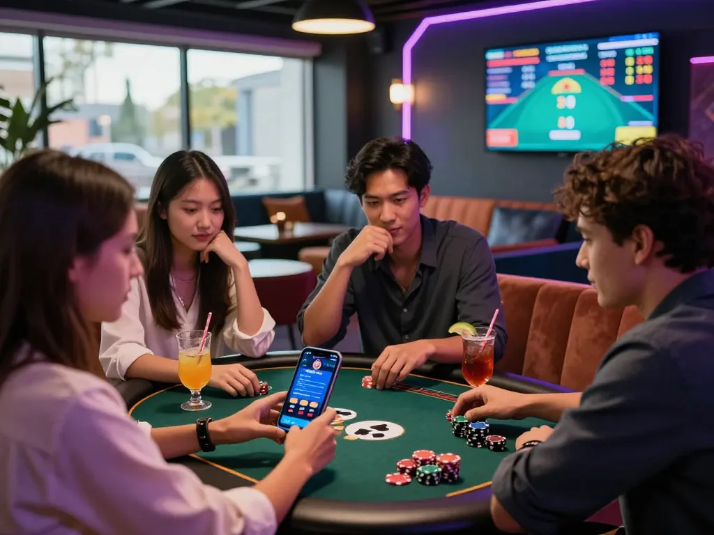 Exciting MM88 online betting scene in a stylish casino, showing friends strategizing with a smartphone.