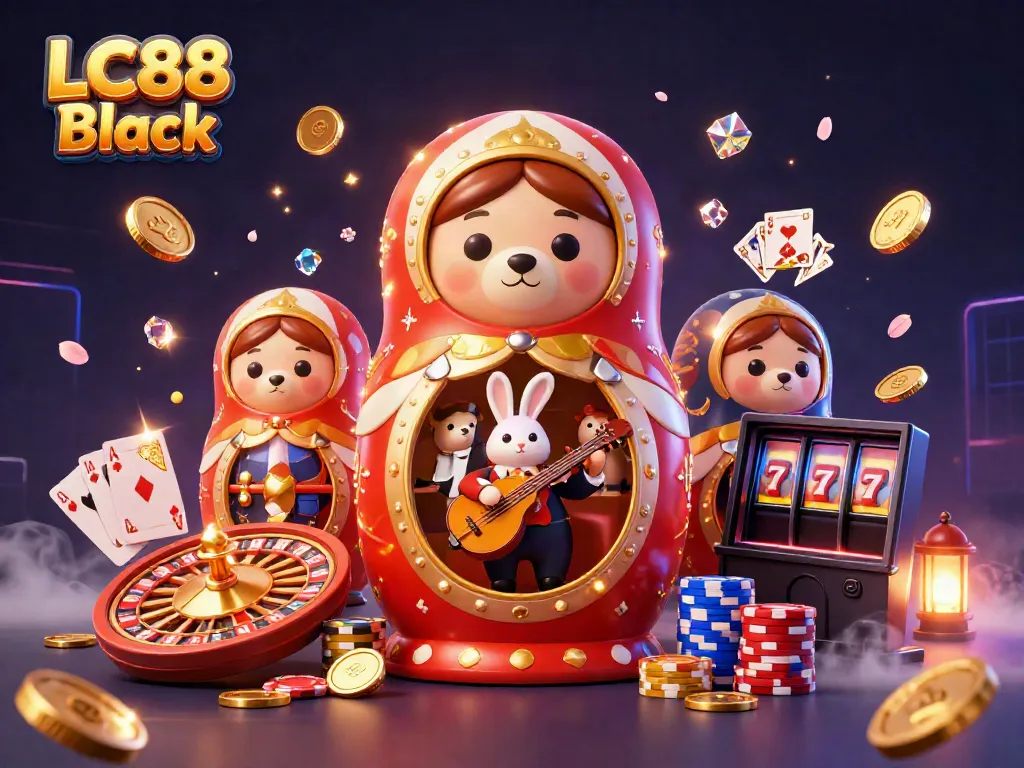 Experience the vibrant atmosphere of LC88 Black with bears in dealer outfits, glittering coins, and a roulette wheel.