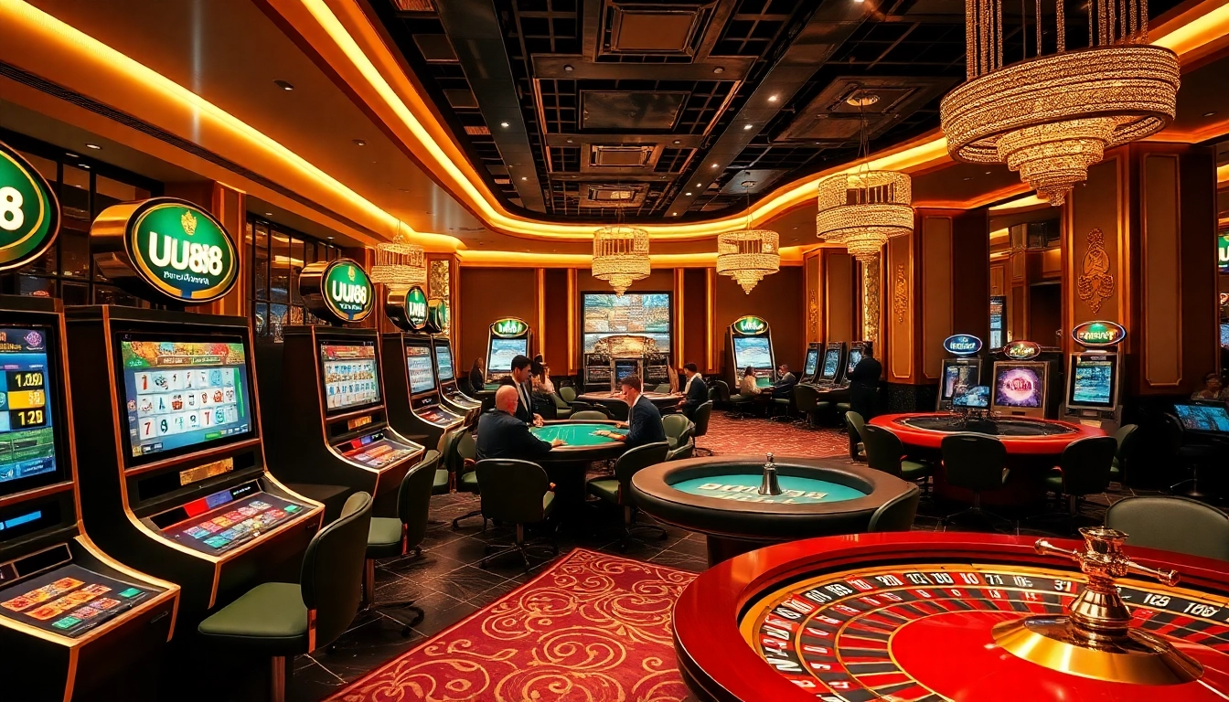 Players enjoying diverse games at UU88 casino, showcasing vibrant atmosphere and luxury.