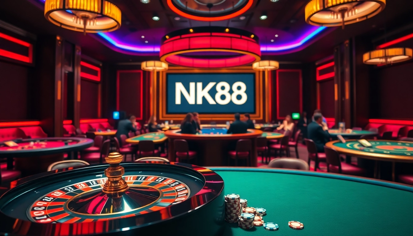 Excitement of casino gameplay showcasing NK88 theme with roulette wheel and poker chips