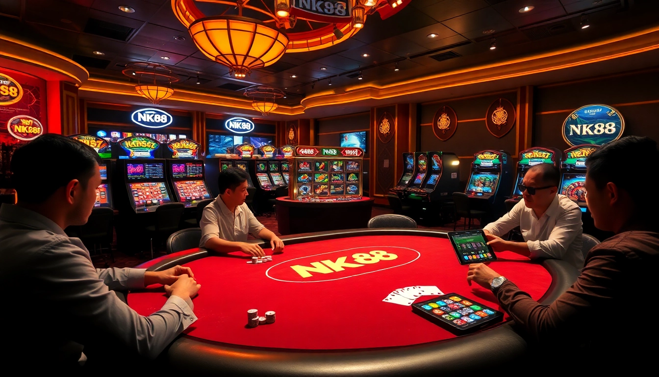 Players strategizing at a professional NK88 poker table in an elegant casino atmosphere.