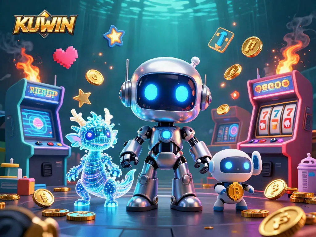 KUWIN showcases a dynamic gaming scene with a cyberpunk robot, a dragon, and casino elements for players to enjoy.