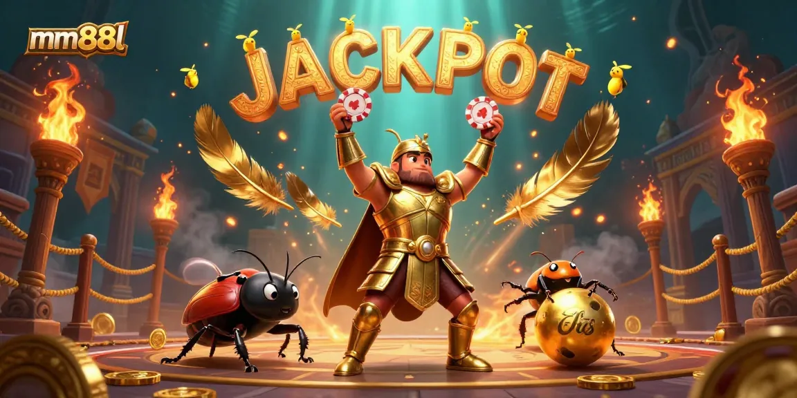 Experience victory with mm88l, as the hercules beetle lifts a poker chip in a vibrant casino scene.