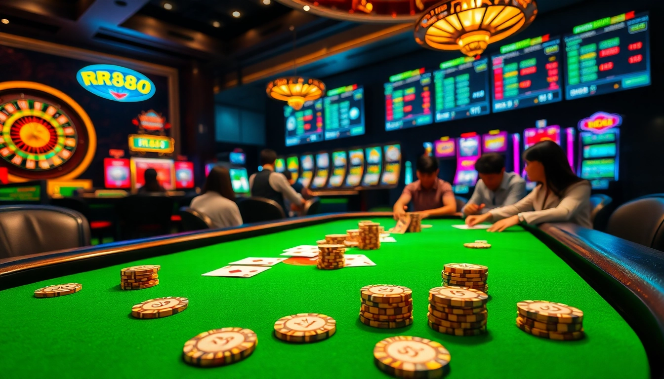 Experience the thrill of winning at RR88 KJC with vibrant gambling elements in an opulent casino.