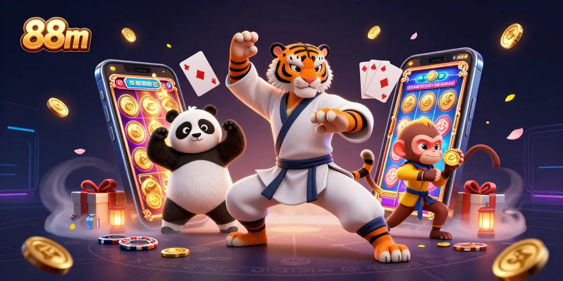 Experience the excitement of 88m with a dynamic scene showcasing colorful slot games and charming characters.