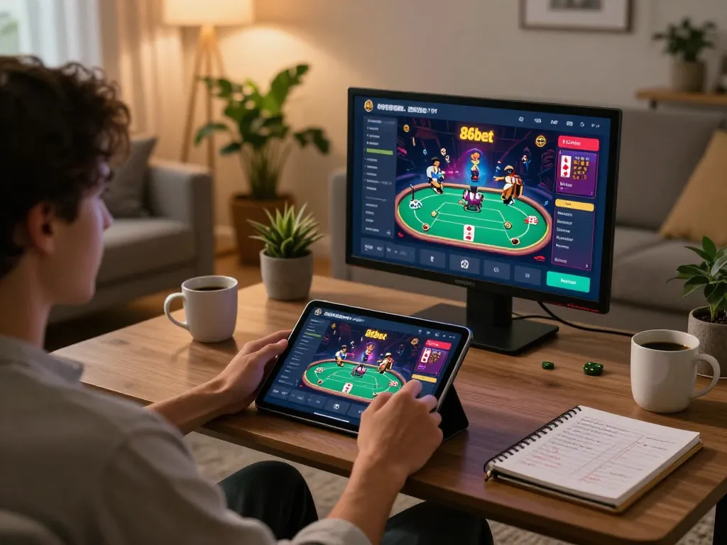 Player enjoying online gambling on 86bet app in cozy home setting, showcasing engaging poker game