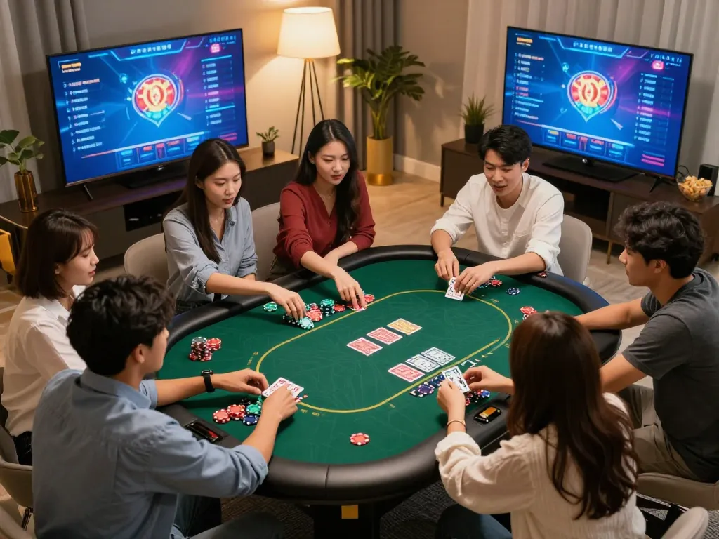 Players enjoying an online poker game at home, showcasing king88 vina excitement and friendly competition.