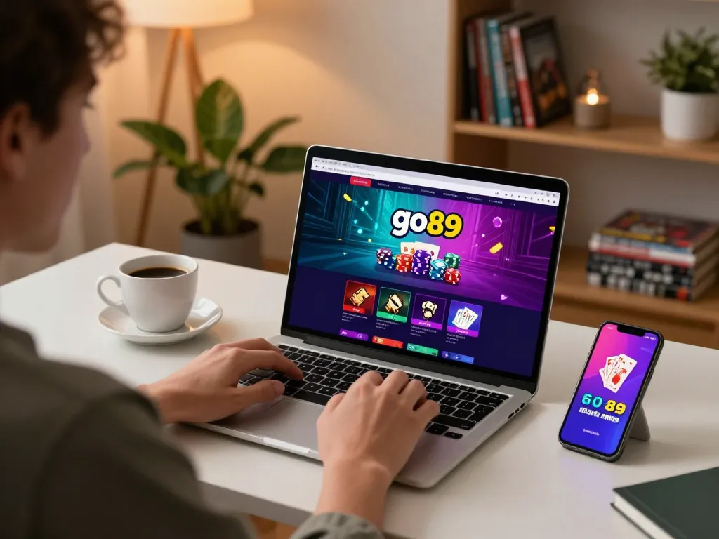 Engaging online gaming scene showing go89 on laptop screen, promoting responsible gambling.