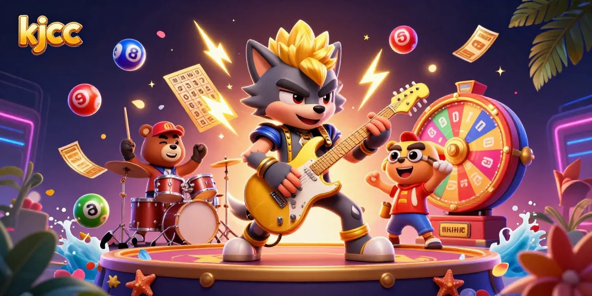 KJCC showcases a lively casino scene with a rock star wolf and drummer bear amidst colorful lottery elements.