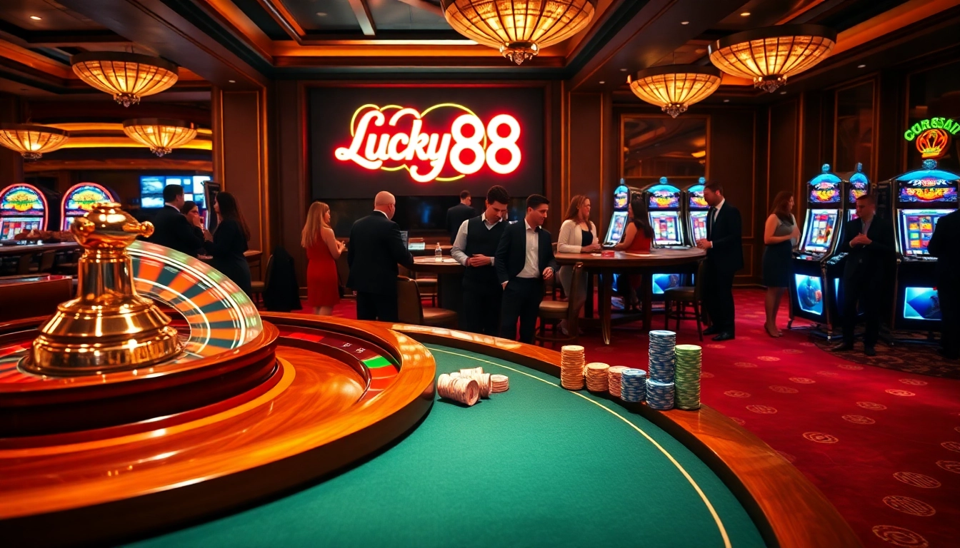 Lucky88 casino scene with vibrant slot machines, poker chips, and roulette in play.