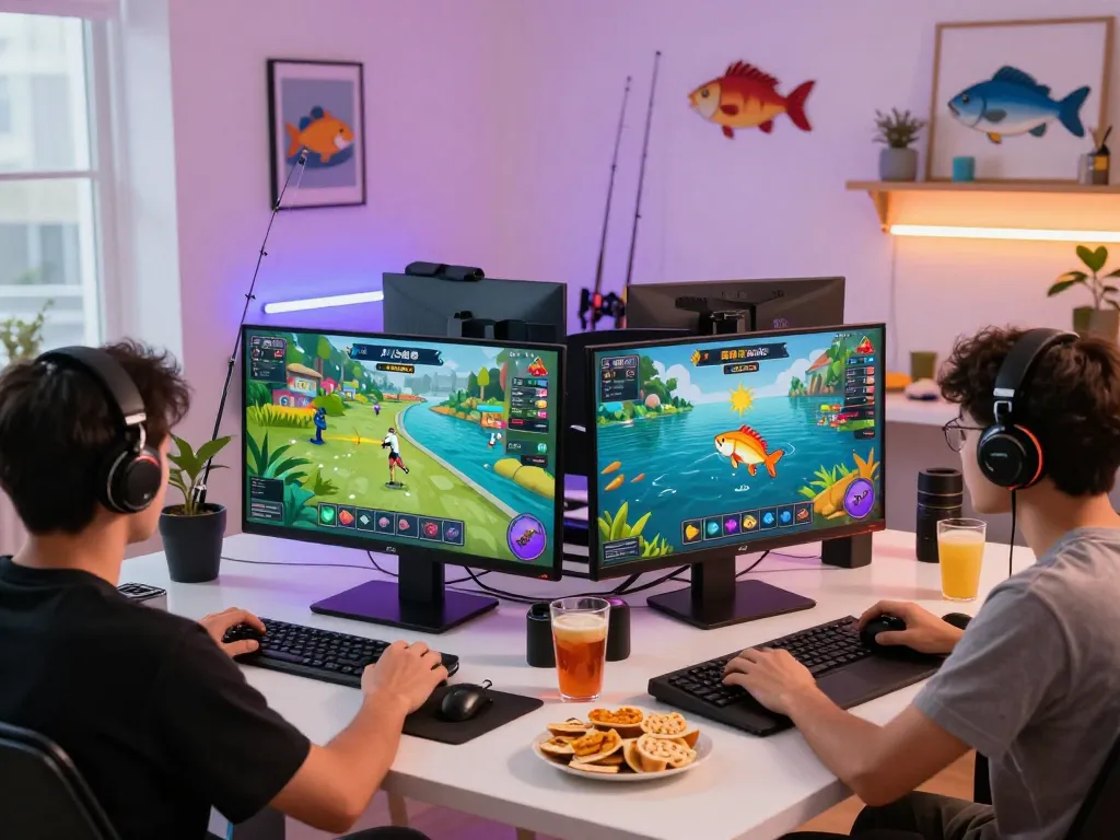 Fun79 players thrilled by immersive fishing game graphics in a vibrant home office.
