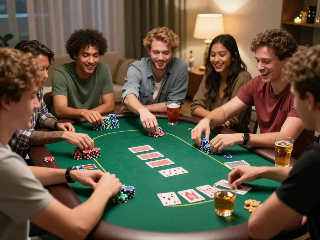 Friends enjoying a poker game at home, reflecting nhacaiuytinn values of responsible gaming and strategic entertainment