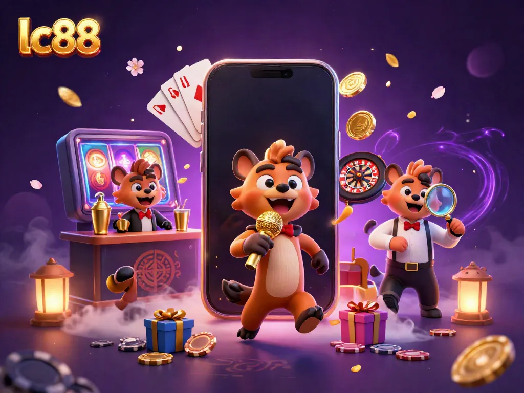Engage in thrilling gameplay at lc88 with animated hyenas running a vibrant casino scene featuring slot games.