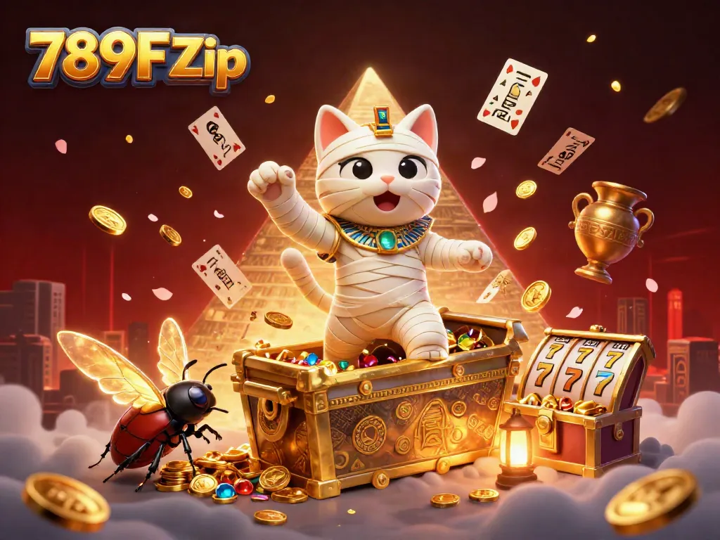 Engage with the thrilling 789F Zip online casino world, featuring an Egyptian mummy cat and vibrant gaming elements.