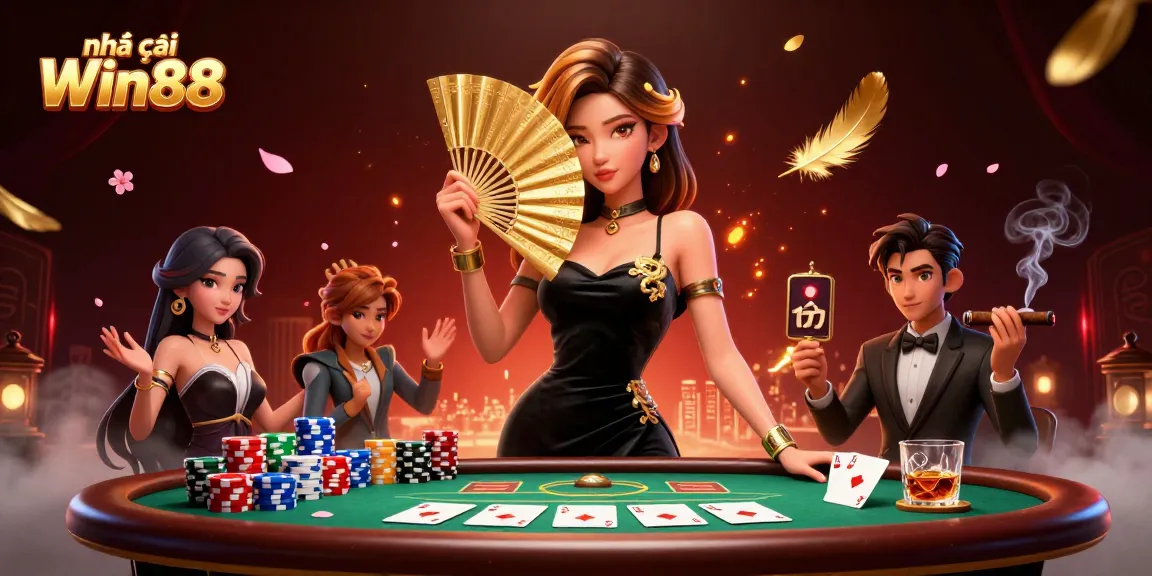 Experience thrilling games at nhà cái Win88 with a gorgeous dealer at a vibrant poker table.