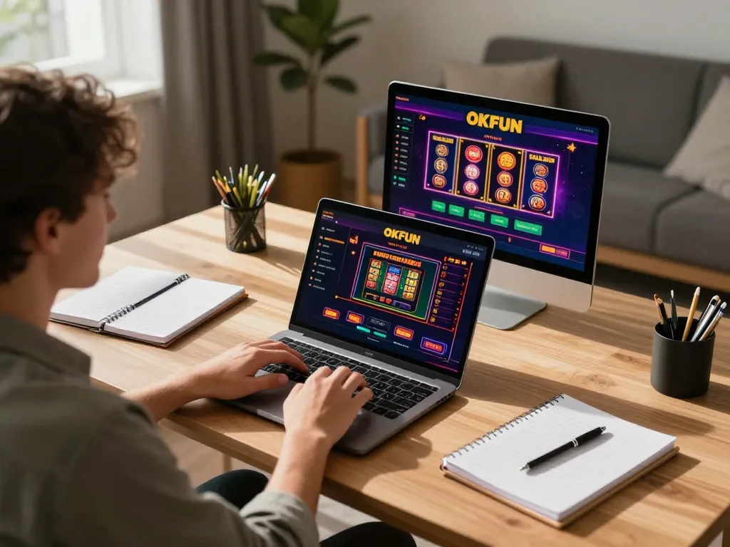 Engaging with OKFUN casino app while enjoying online gaming at home.