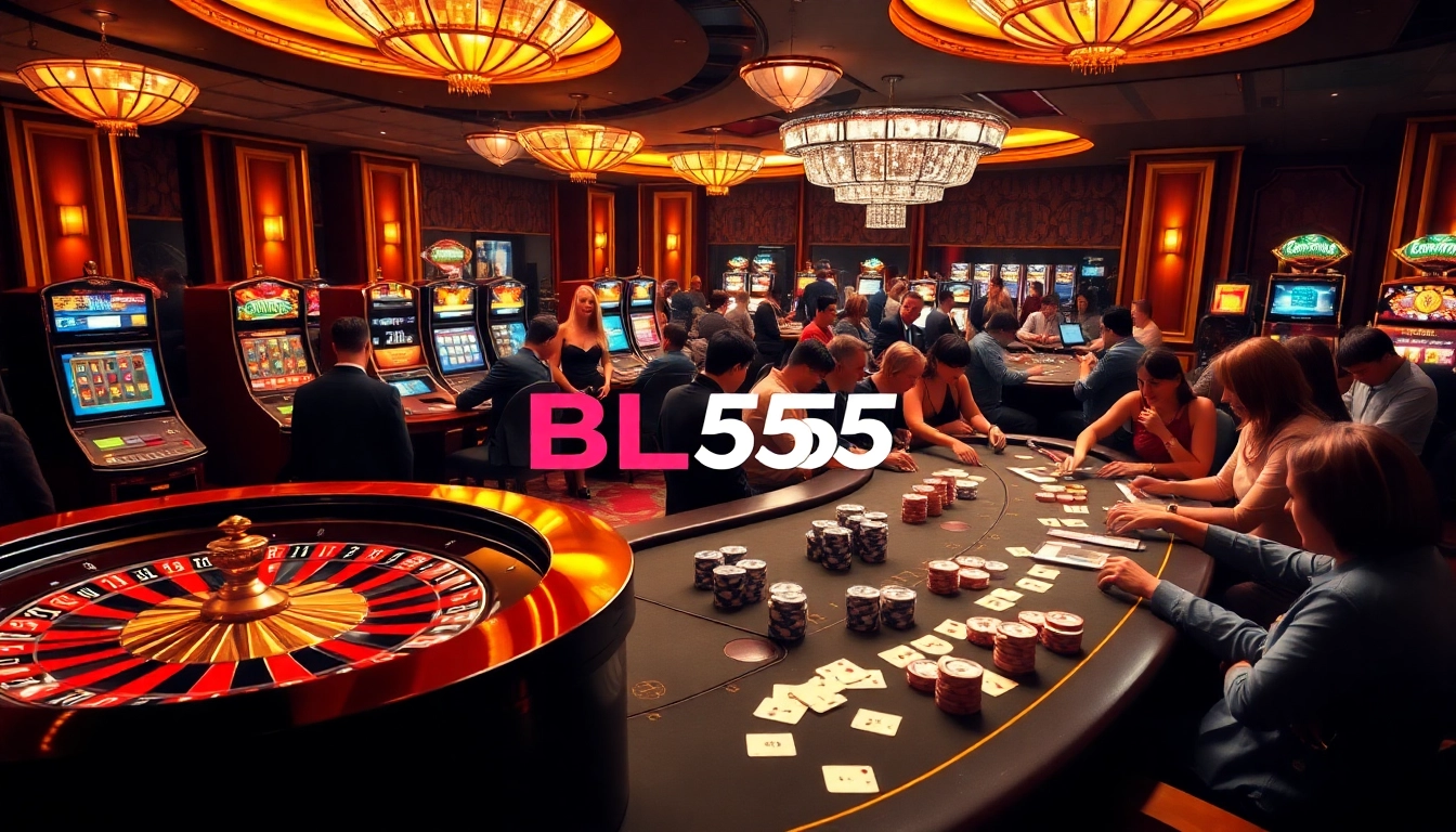 Experience thrilling gameplay at BL555 Casino with vibrant slot machines and a roulette table.