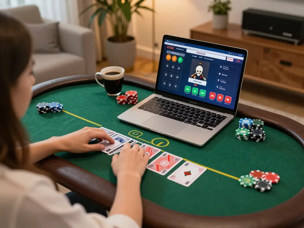 Person engaging in online poker gameplay on vin88lk from a cozy home setting with ambient lighting