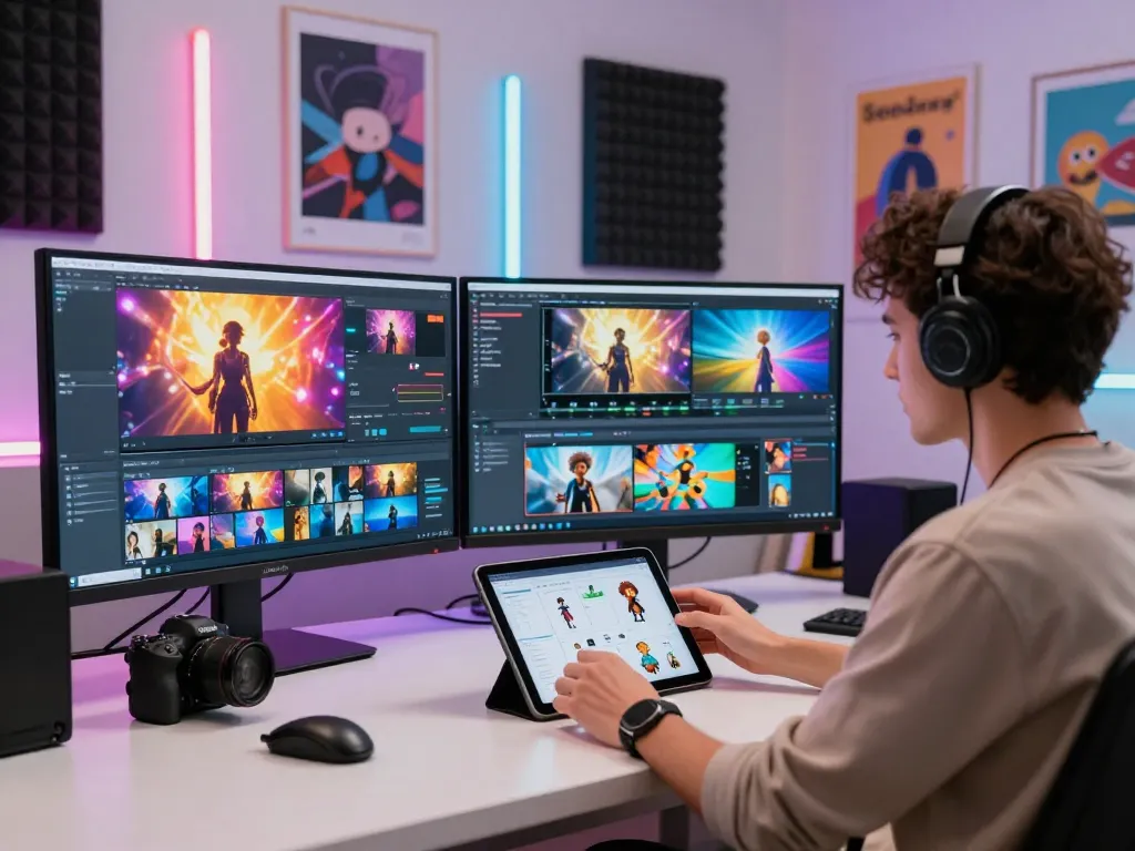 Filmmaker using Seedance AI to create dynamic video content in a modern studio, showcasing vibrant visuals and multishot storytelling.