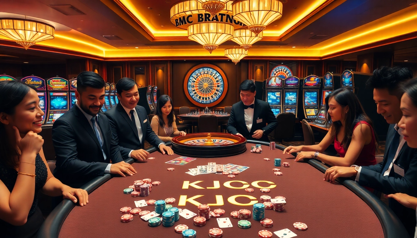 KJC poker table scene with vibrant chips and players engaged in a professional casino atmosphere.