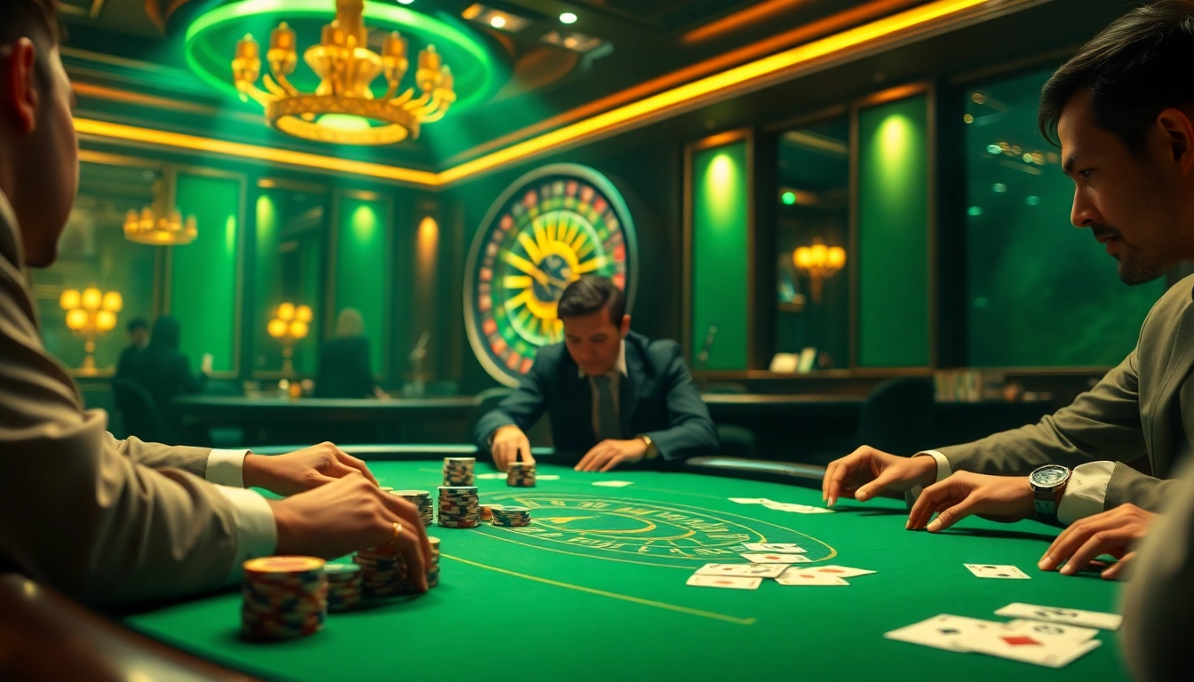 Players strategizing at a lavish casino poker table, highlighting the BDTK1 gaming experience.