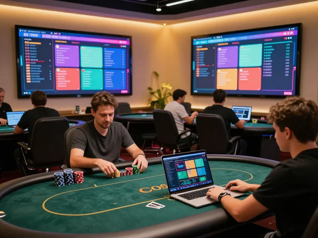 Engaged players placing bets at gem88 online poker, showcasing excitement in a vibrant gaming setup.