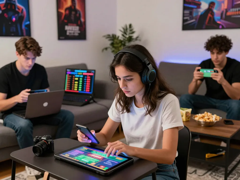 Engaged gamers enjoying TR88 online casino games on multiple devices in a modern, vibrant setting.