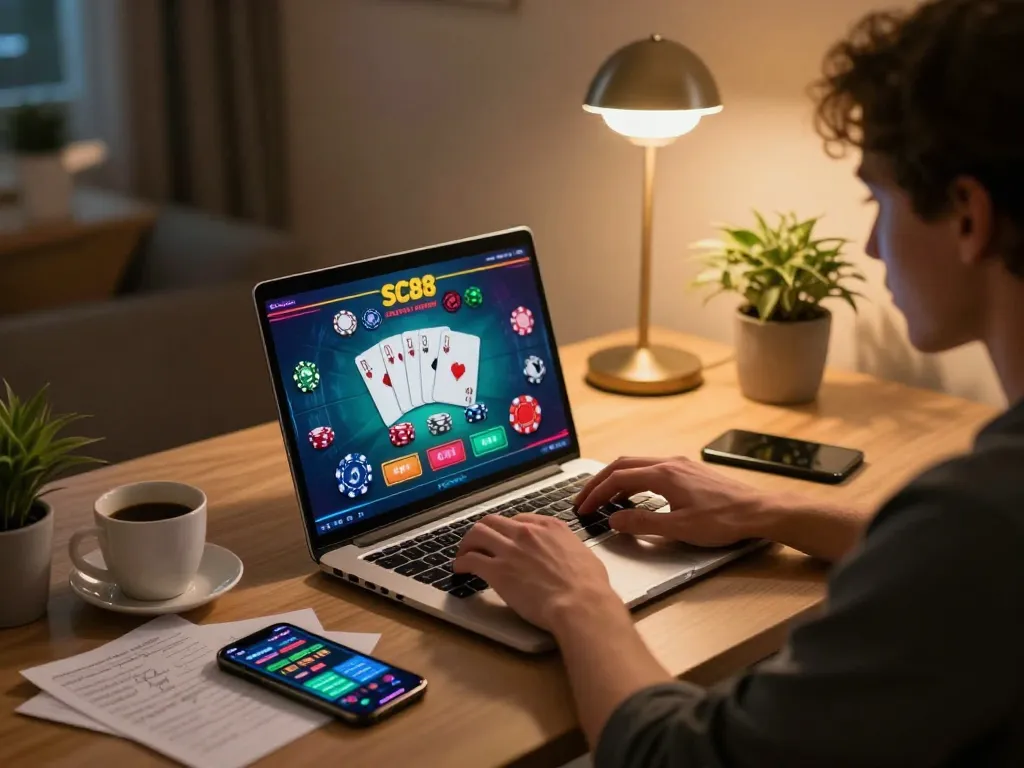 Player engaging with SC88 online casino while analyzing strategy notes at a modern gaming setup.