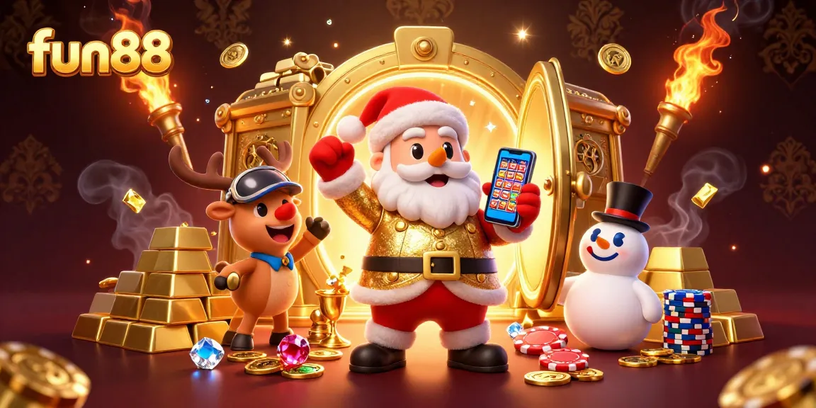 Experience fun88's exciting jackpot slots with Santa, his reindeer dealer, and a poker chip snowman in a vibrant casino scene.