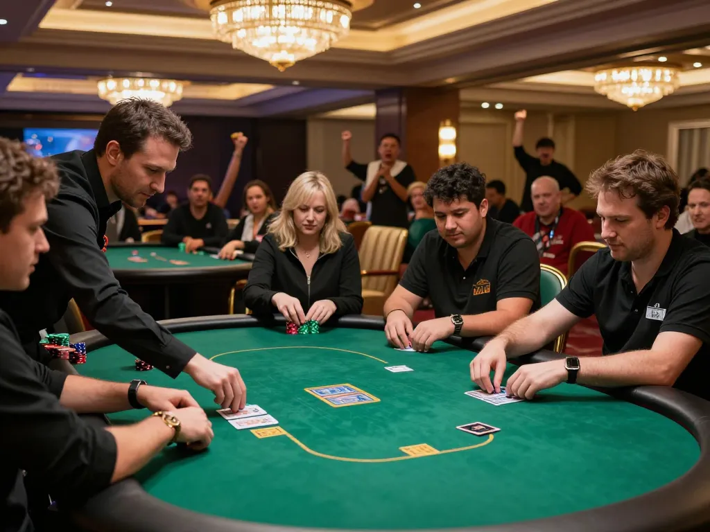 MAY88 poker players strategizing at a high-stakes tournament in an upscale casino.