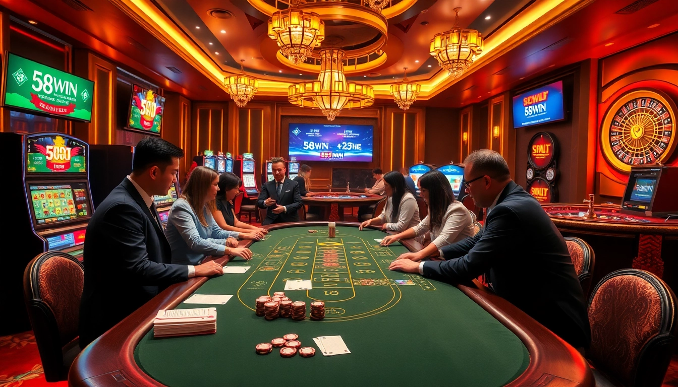 Engaging scene of high-stakes poker at 58WIN casino, featuring players, chips, and cards.