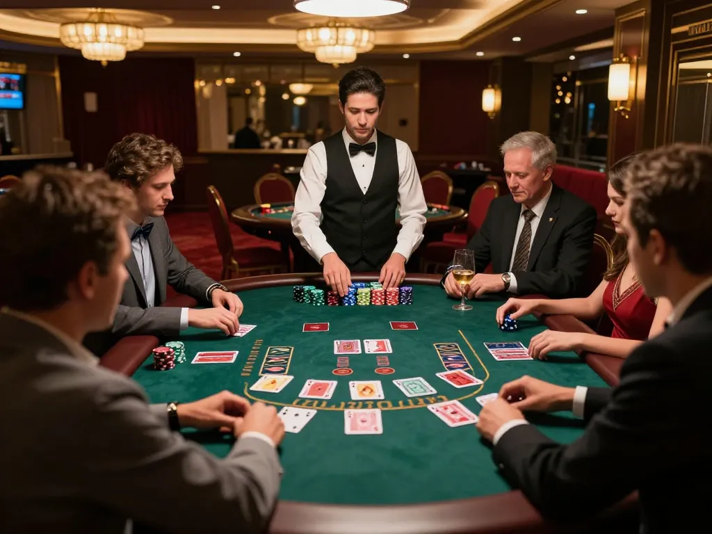 Experience intense gameplay at https://fabet3.net/ with players strategizing over a blackjack table in a luxury casino.