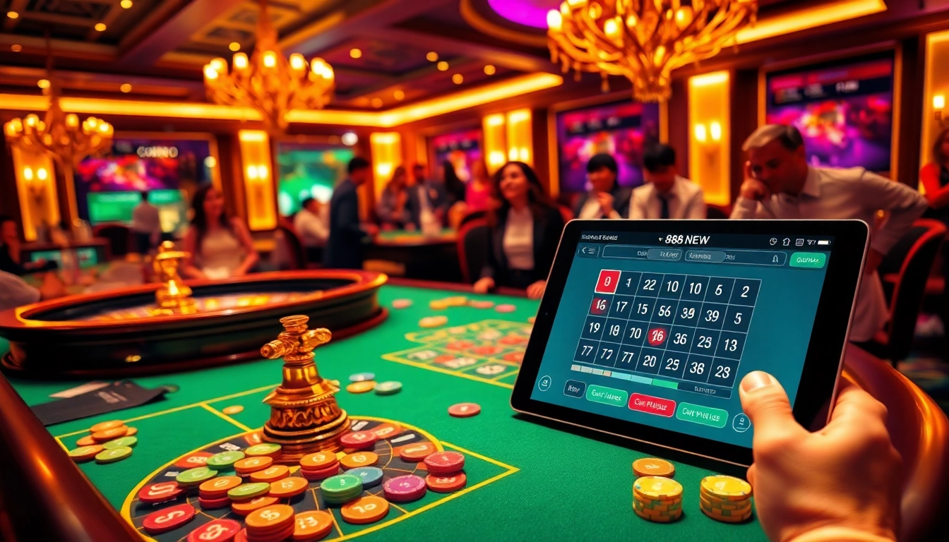 Players engage in thrilling games at 888NEW's vibrant casino tables, showcasing excitement and luxury.