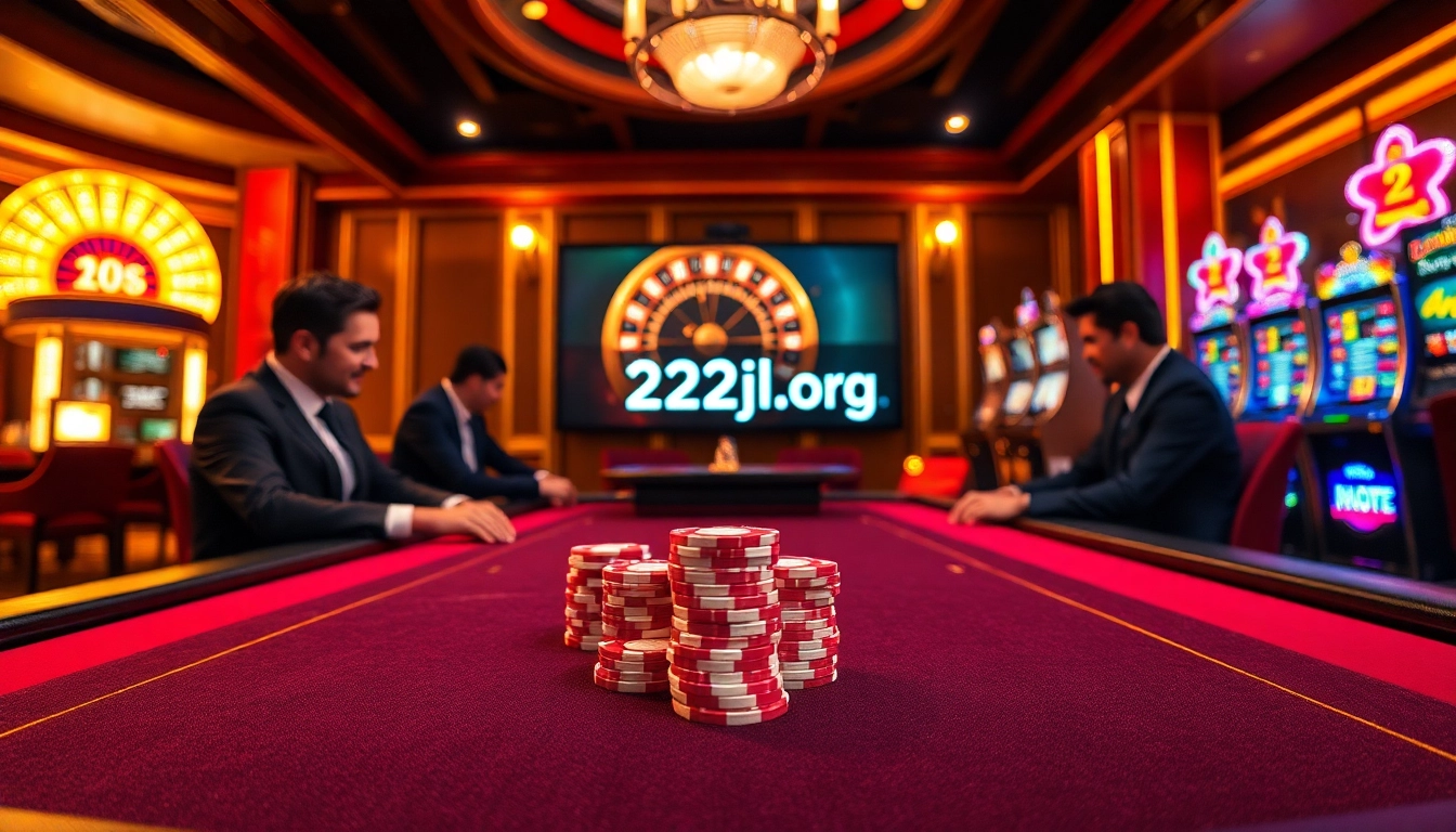 Engaged gamblers at a luxurious casino table with 22jl org featured prominently, enjoying high-stakes poker.