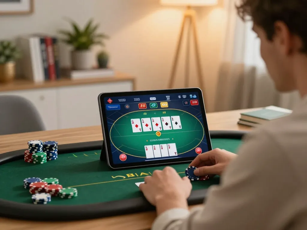 Online poker gameplay on tablet showing sunwin20 interface, focused player in cozy home office.