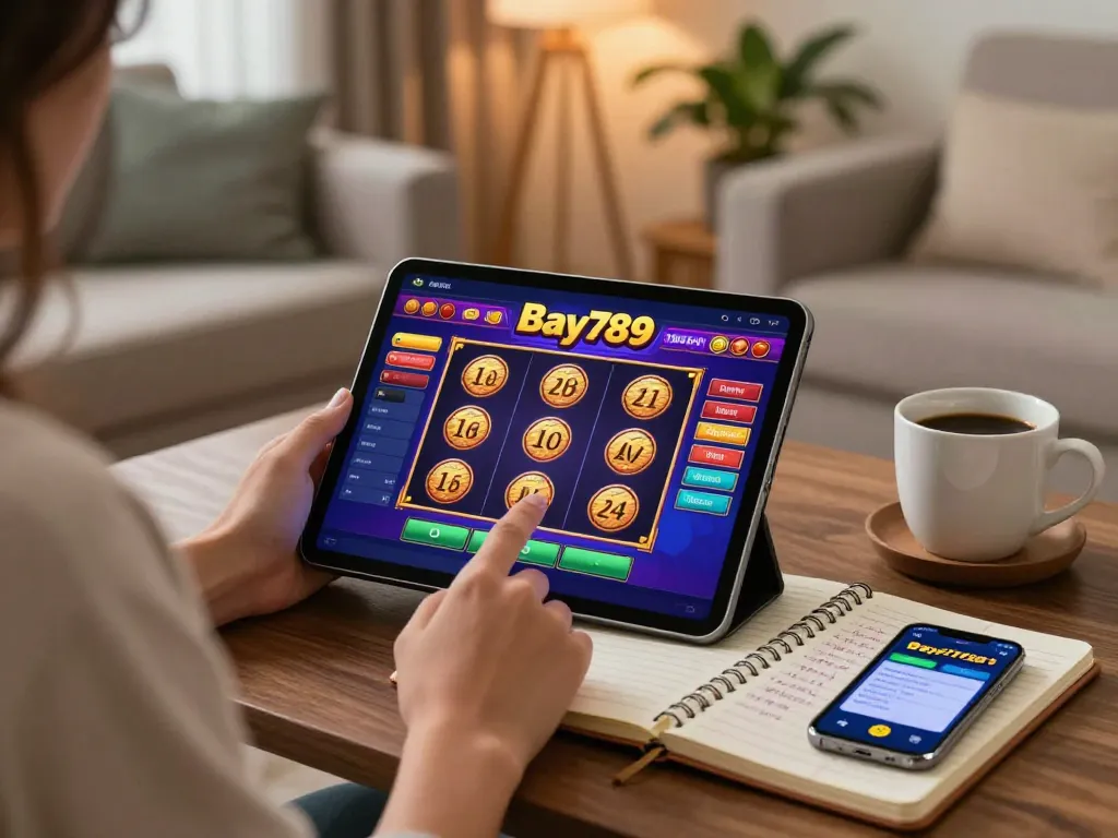 Enjoying Bay789 online gaming with a tablet in a cozy living room, capturing strategic gameplay
