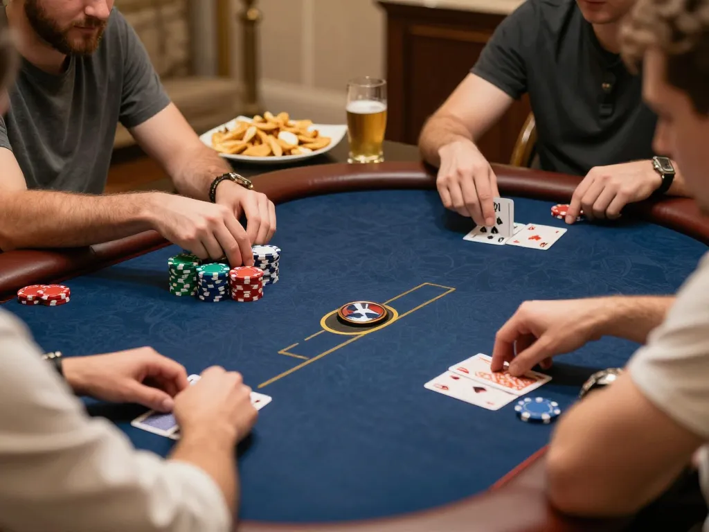Players strategizing during a high-stakes poker game at home, featuring rik vip gameplay with colorful chips and intense focus.
