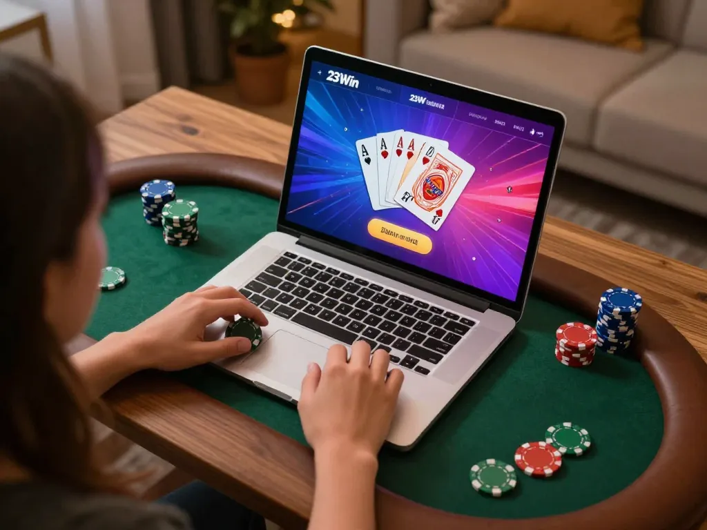 A player exploring poker strategies on the 23Win platform in a cozy home office