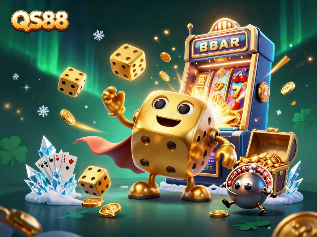 Experience the excitement of QS88 with a vibrant illustration of casino elements and characters