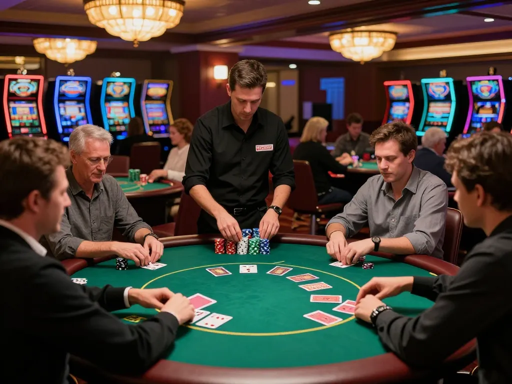 Engaged players strategizing their moves at a bu88 poker table amidst an exciting casino atmosphere.