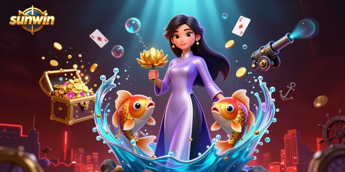 Win big at sunwin with a captivating underwater casino adventure featuring a 3D Asian woman and golden koi fish.