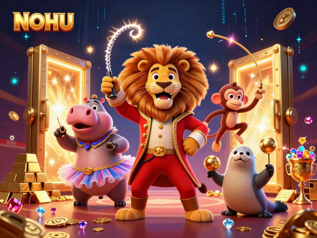 Experience the excitement of NOHU with vibrant casino characters in a dynamic scene filled with treasures and gold.